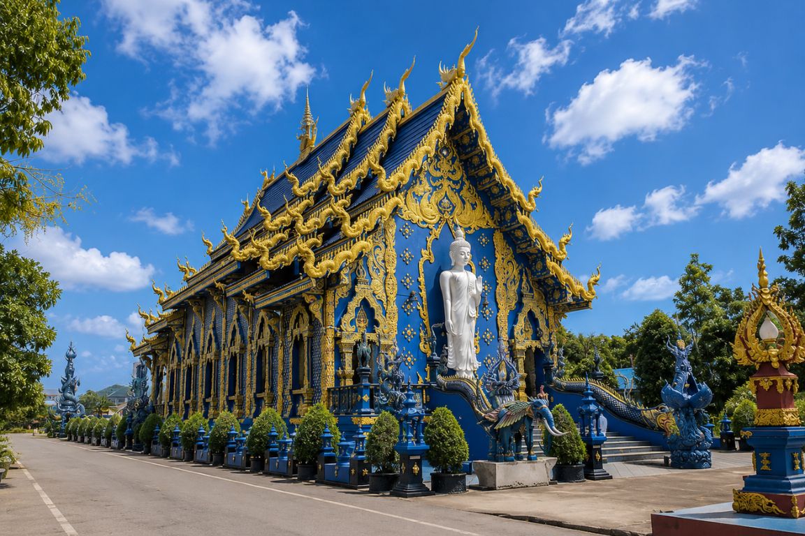 Beautiful Wat Rong Suea Ten Blue Temple under blue skies during a Chiang Rai Tours cultural tour with our agency