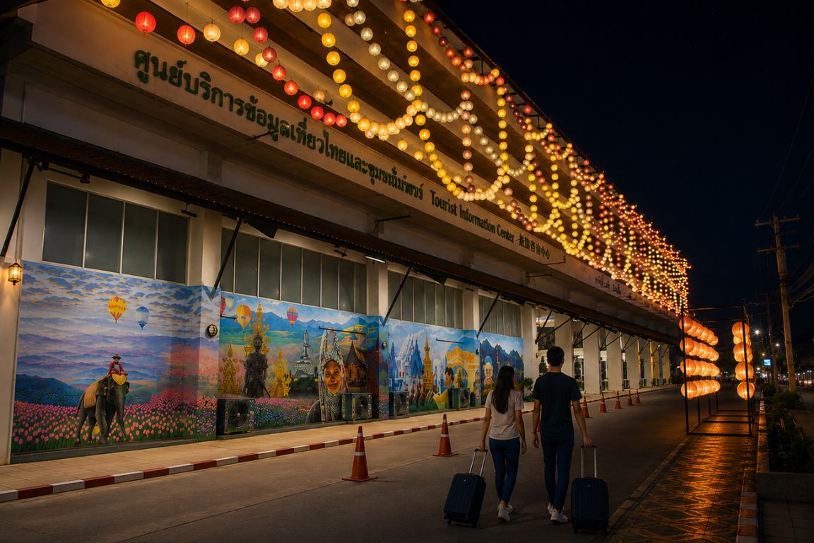 Travelers arriving at Chiang Rai Bus Terminal 1 decorated with colorful lanterns during a Chiang Rai Tours experience with our agency