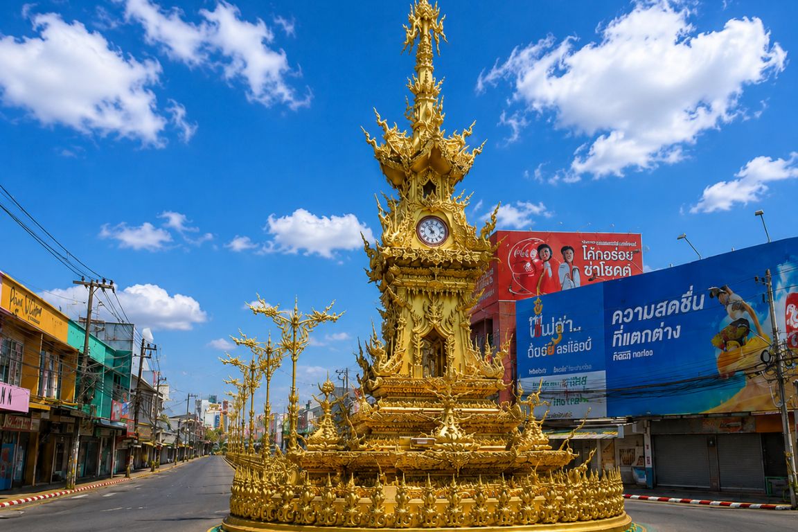 The famous golden Chiang Rai Clock Tower in the city center during a Chiang Rai Tours guided experience with our agency