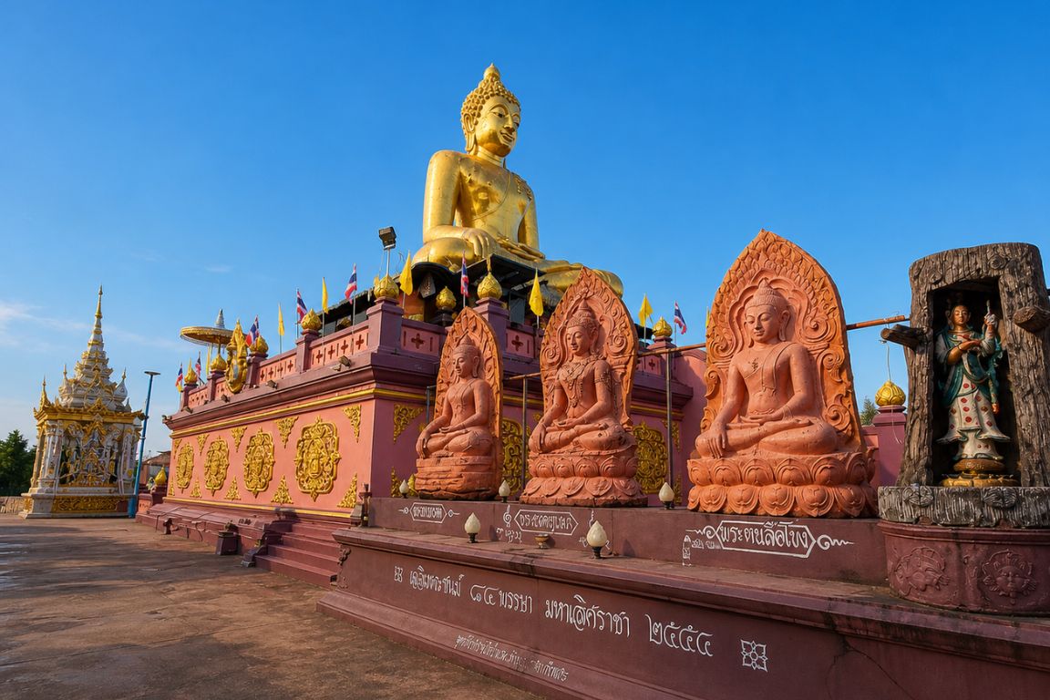 Sacred Buddhist monuments and giant golden Buddha at the Golden Triangle in northern Thailand during a Chiang Rai Tours tour with our agency