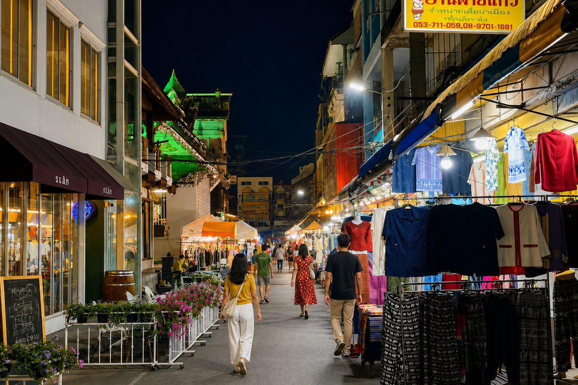 Visitors walking through the vibrant Chiang Rai Night Bazaar filled with local shops and street vendors during a Chiang Rai Tours experience with our agency